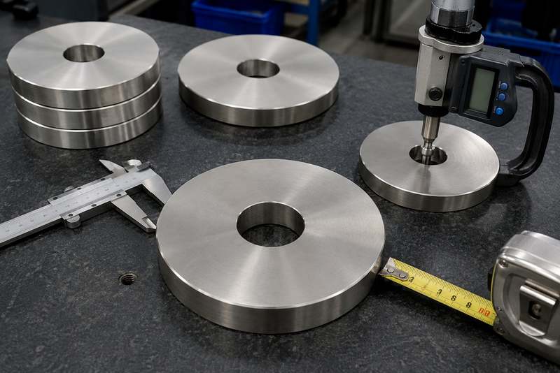 2205雙相不銹鋼圓形割件與游標卡尺、卷尺及厚度測量工具特寫